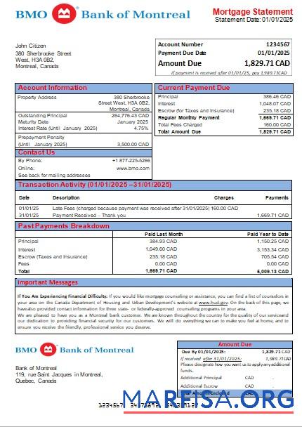 Printable Canada Bank of Montreal bank mortgage statement scr template